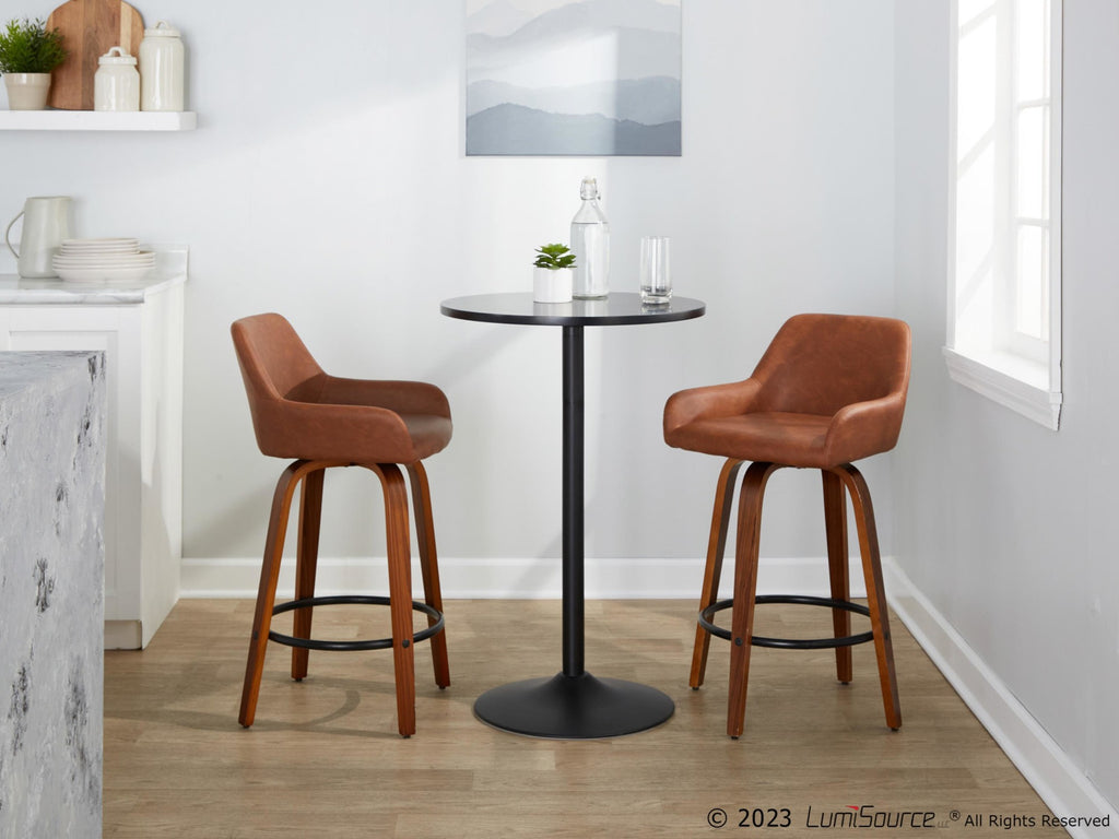 Daniella 26" Fixed-Height Counter Stool - Set of 2 - Walnut Wood, Black Metal, Camel PU