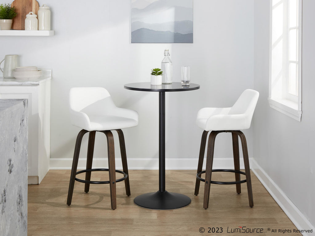 Daniella 26" Fixed-Height Counter Stool - Set of 2 - Walnut Glazed Wood, Black Metal, White PU