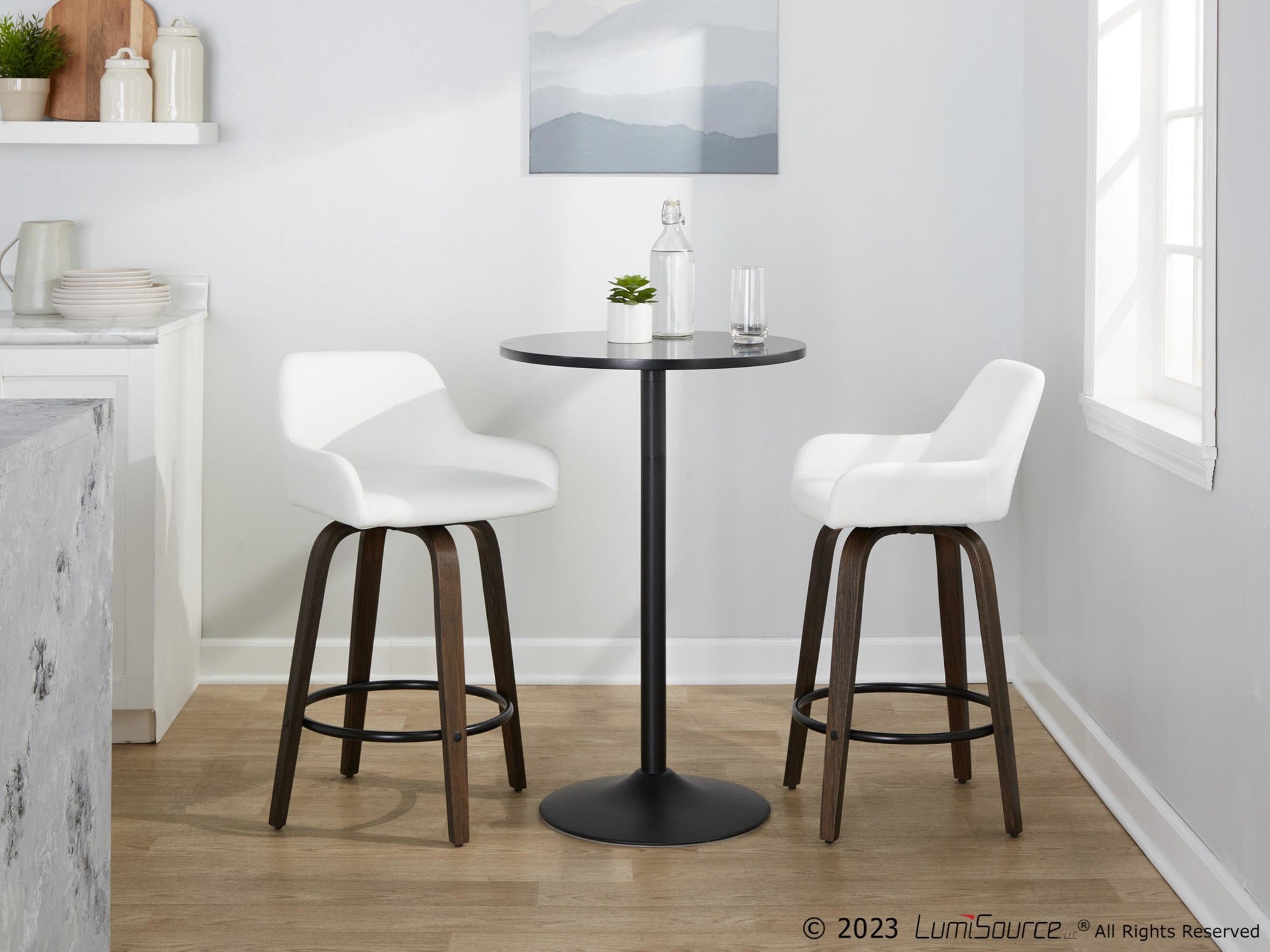 Daniella 26" Fixed-Height Counter Stool - Set of 2 - Walnut Glazed Wood, Black Metal, White PU