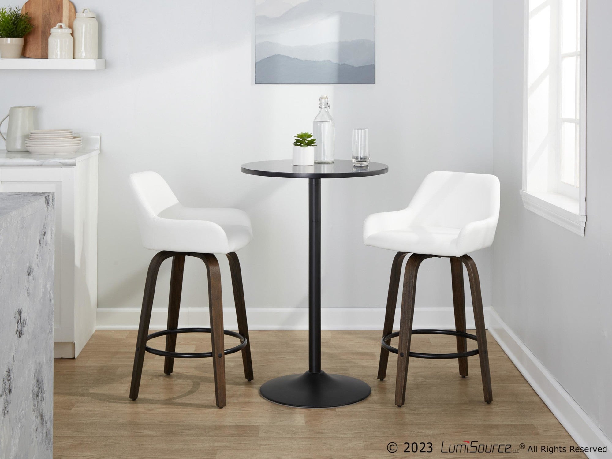 Daniella 26" Fixed-Height Counter Stool - Set of 2 - Walnut Glazed Wood, Black Metal, White PU