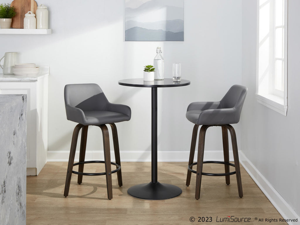 Daniella 26" Fixed-Height Counter Stool - Set of 2 - Walnut Glazed Wood, Black Metal, Grey PU