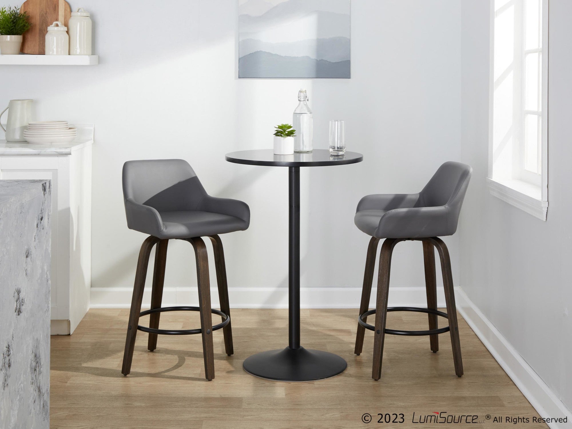 Daniella 26" Fixed-Height Counter Stool - Set of 2 - Walnut Glazed Wood, Black Metal, Grey PU