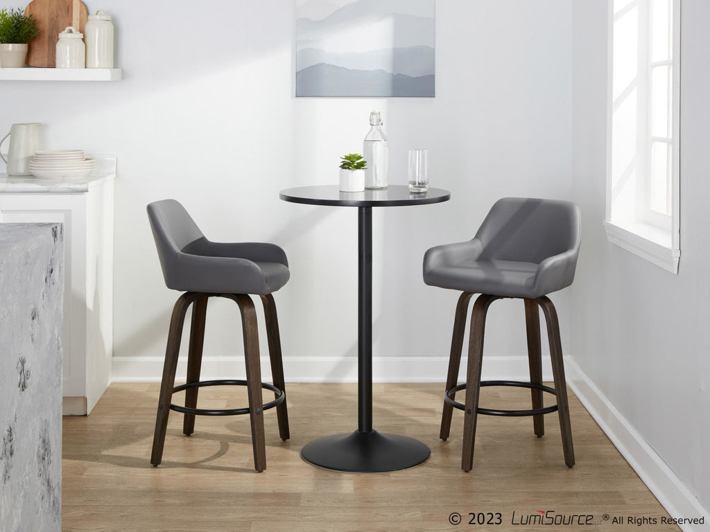 Daniella 26" Fixed-Height Counter Stool - Set of 2 - Walnut Glazed Wood, Black Metal, Grey PU