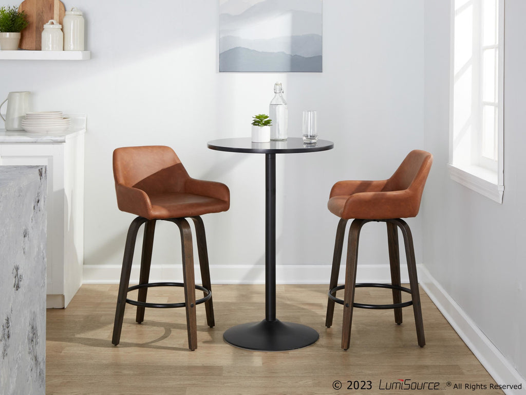 Daniella 26" Fixed-Height Counter Stool - Set of 2 - Walnut Glazed Wood, Black Metal, Camel PU