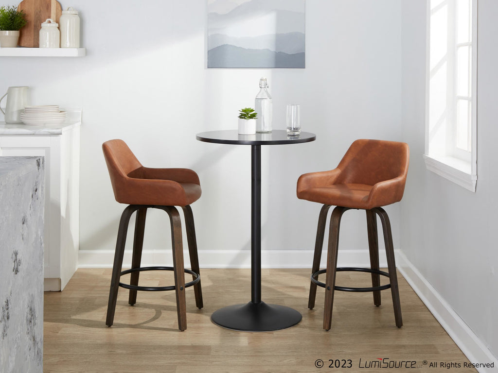 Daniella 26" Fixed-Height Counter Stool - Set of 2 - Walnut Glazed Wood, Black Metal, Camel PU