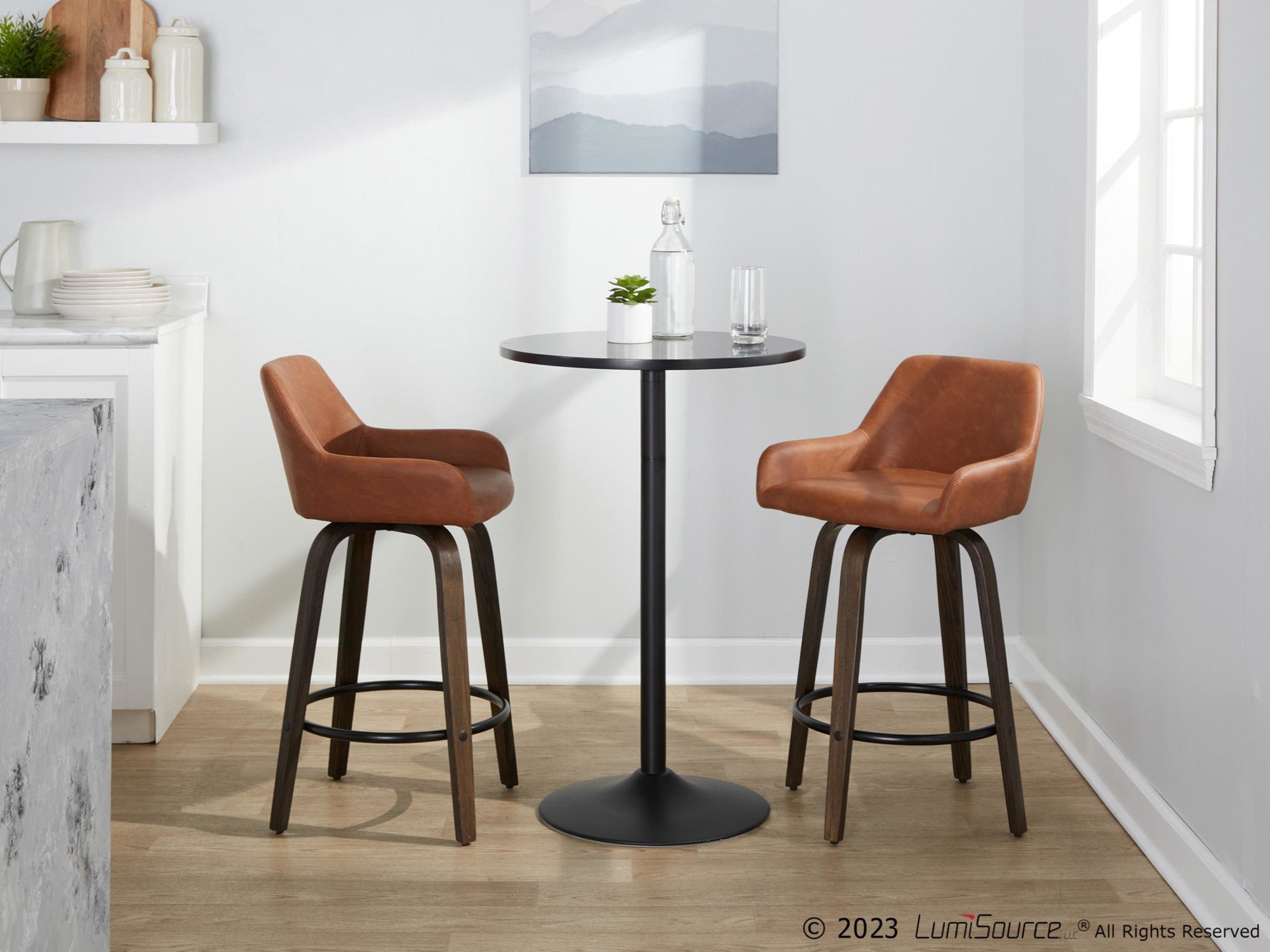 Daniella 26" Fixed-Height Counter Stool - Set of 2 - Walnut Glazed Wood, Black Metal, Camel PU