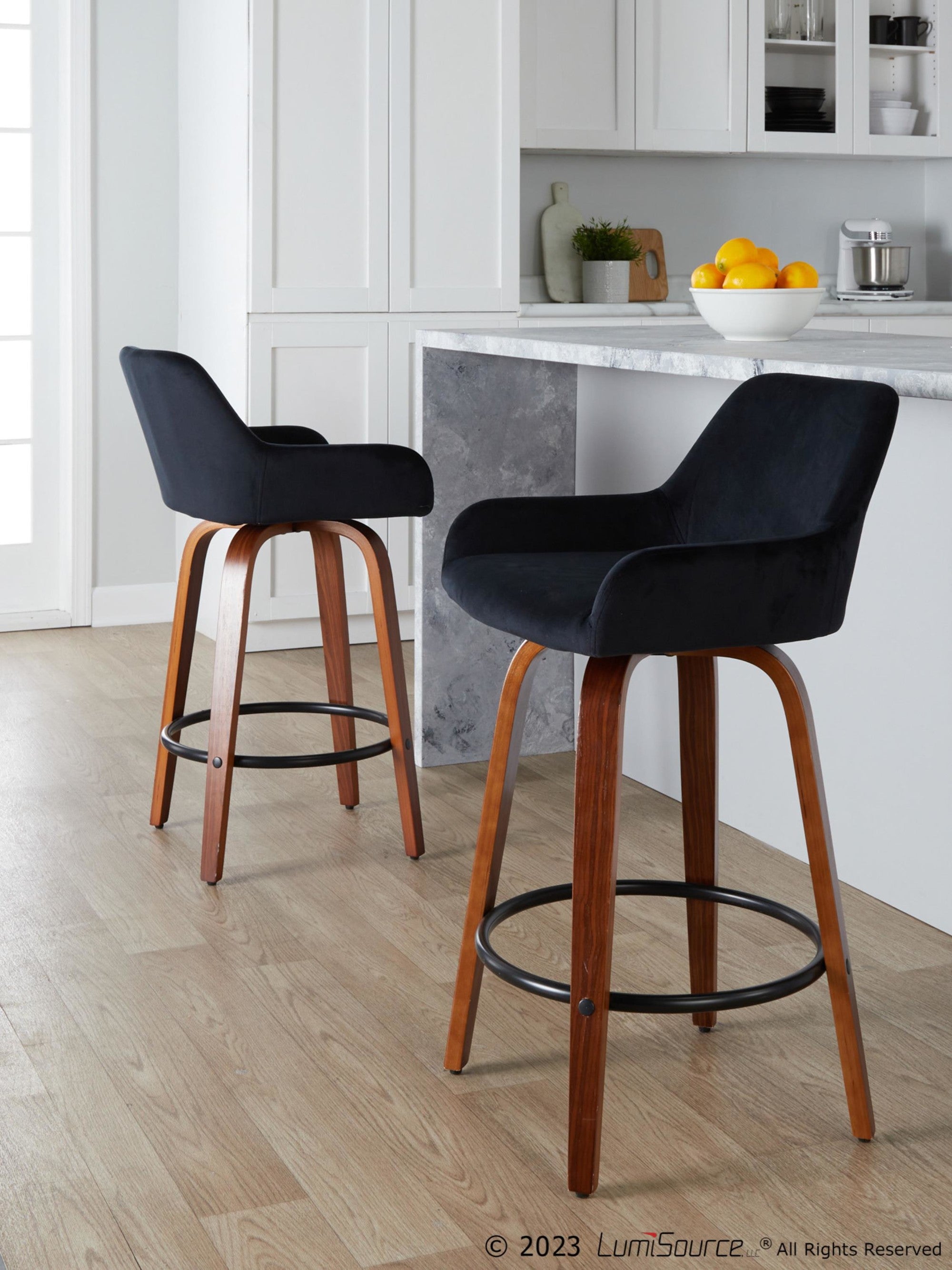 Daniella 26" Fixed-Height Counter Stool - Set of 2 - Walnut Wood, Black Metal, Black Velvet