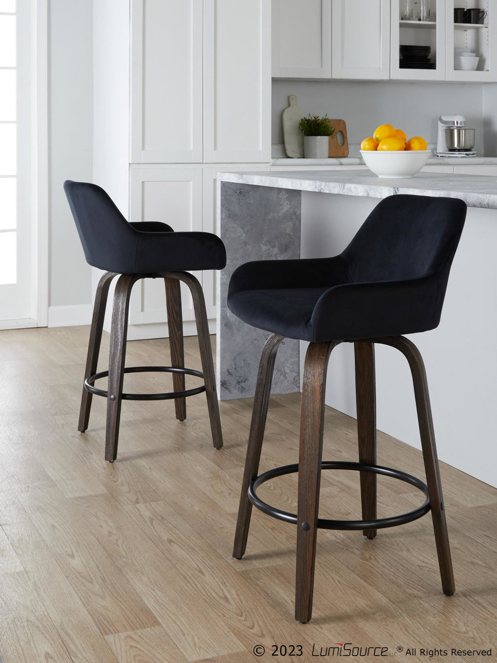 Daniella 26" Fixed-Height Counter Stool - Set of 2 - Walnut Glazed Wood, Black Metal, Black Velvet