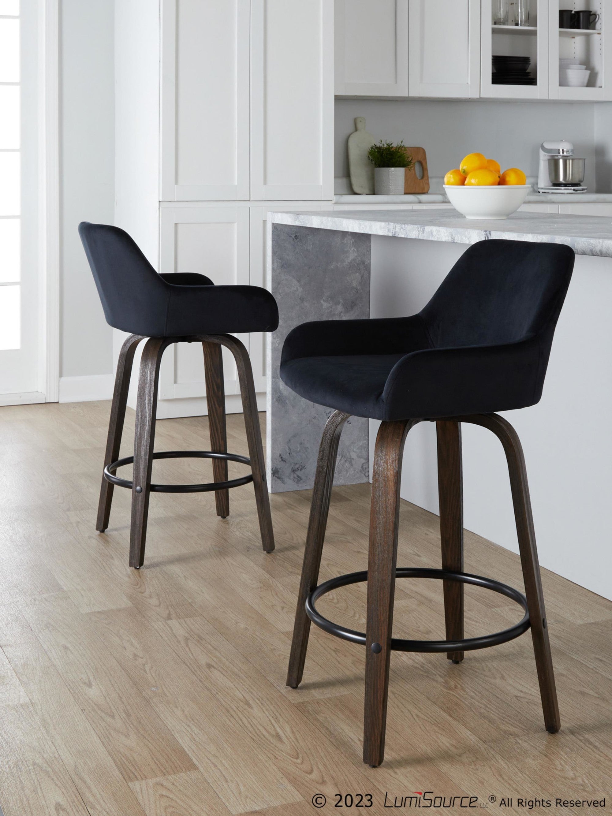 Daniella 26" Fixed-Height Counter Stool - Set of 2 - Walnut Glazed Wood, Black Metal, Black Velvet