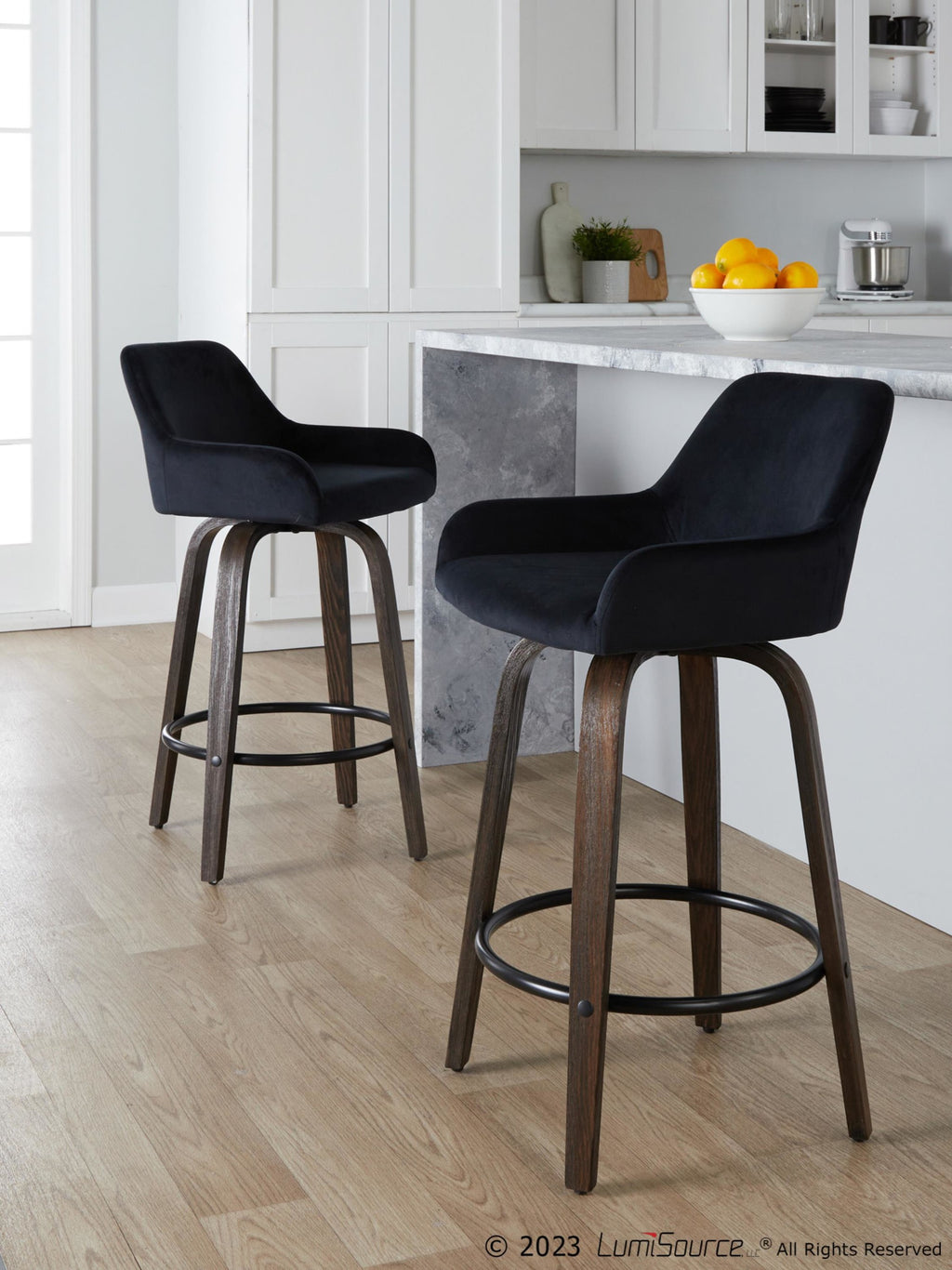 Daniella 26" Fixed-Height Counter Stool - Set of 2 - Walnut Glazed Wood, Black Metal, Black Velvet