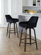 Daniella 26" Fixed-Height Counter Stool - Set of 2 - Walnut Glazed Wood, Black Metal, Black Velvet