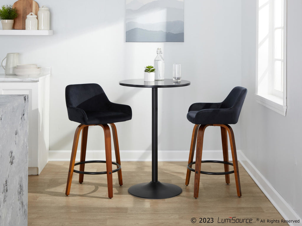 Daniella 26" Fixed-Height Counter Stool - Set of 2 - Walnut Wood, Black Metal, Black Velvet