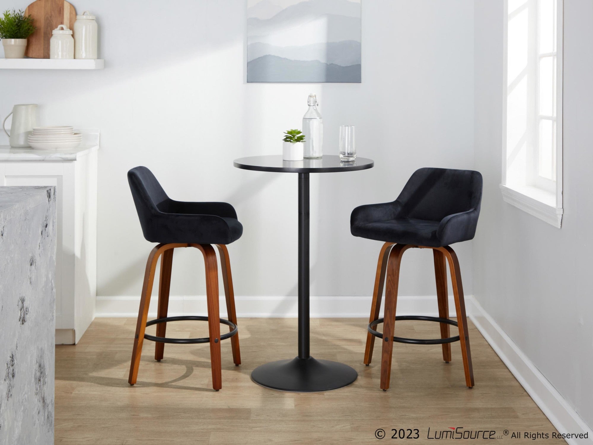 Daniella 26" Fixed-Height Counter Stool - Set of 2 - Walnut Wood, Black Metal, Black Velvet