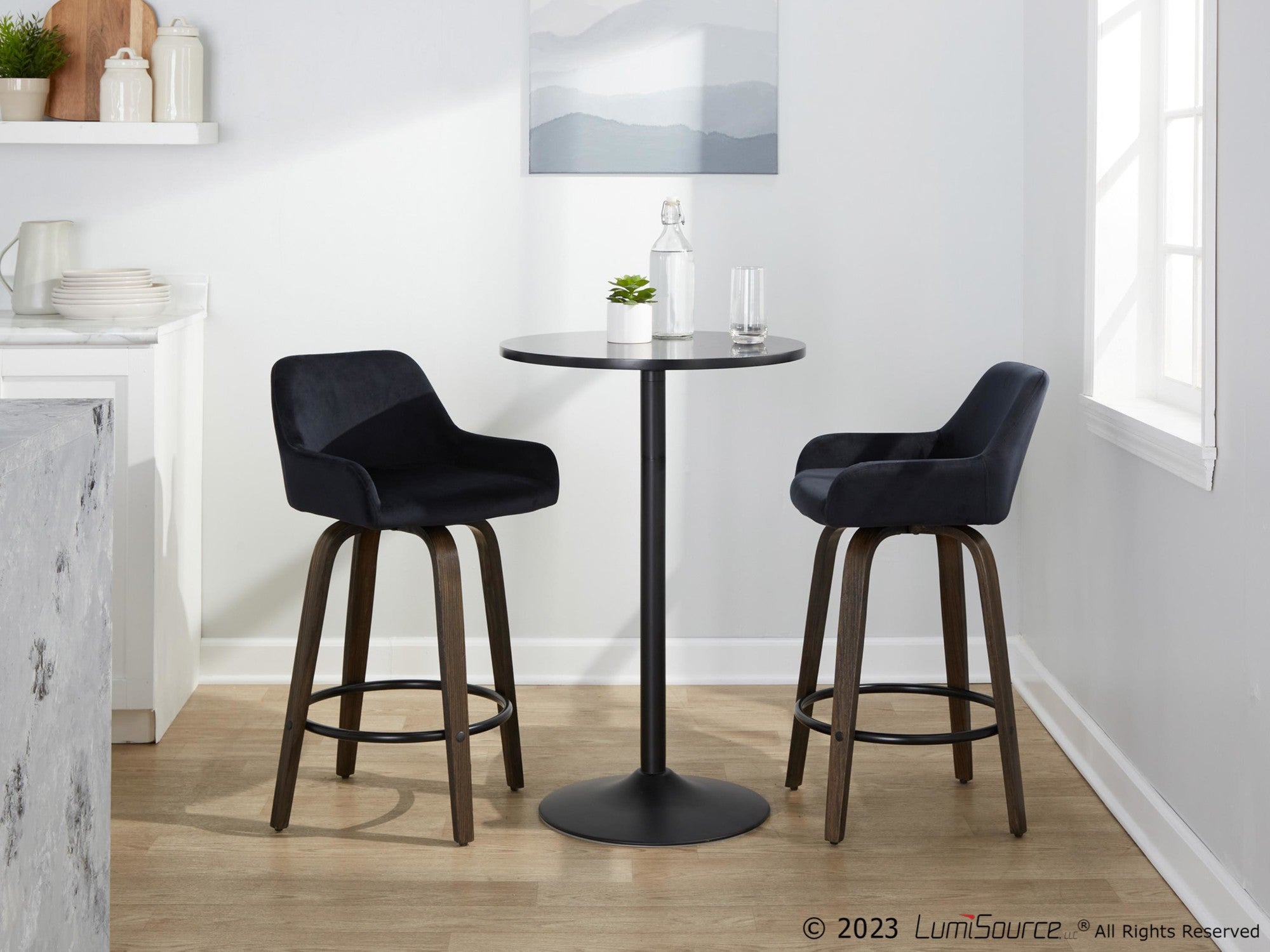 Daniella 26" Fixed-Height Counter Stool - Set of 2 - Walnut Glazed Wood, Black Metal, Black Velvet