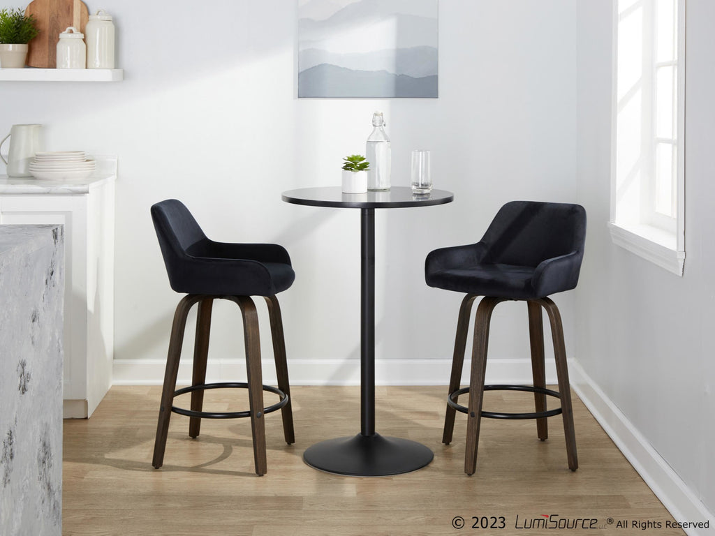 Daniella 26" Fixed-Height Counter Stool - Set of 2 - Walnut Glazed Wood, Black Metal, Black Velvet