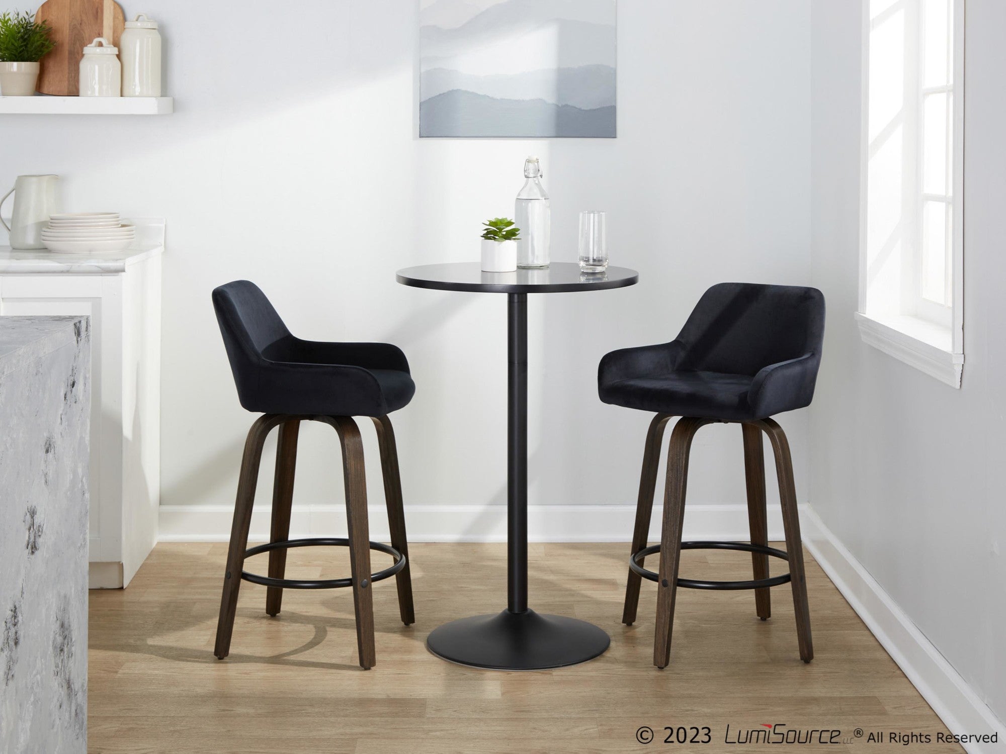 Daniella 26" Fixed-Height Counter Stool - Set of 2 - Walnut Glazed Wood, Black Metal, Black Velvet