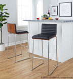 Mason Mara 30" Fixed-Height Barstool - Set of 2 - Stainless Steel, Walnut Wood, Black PU