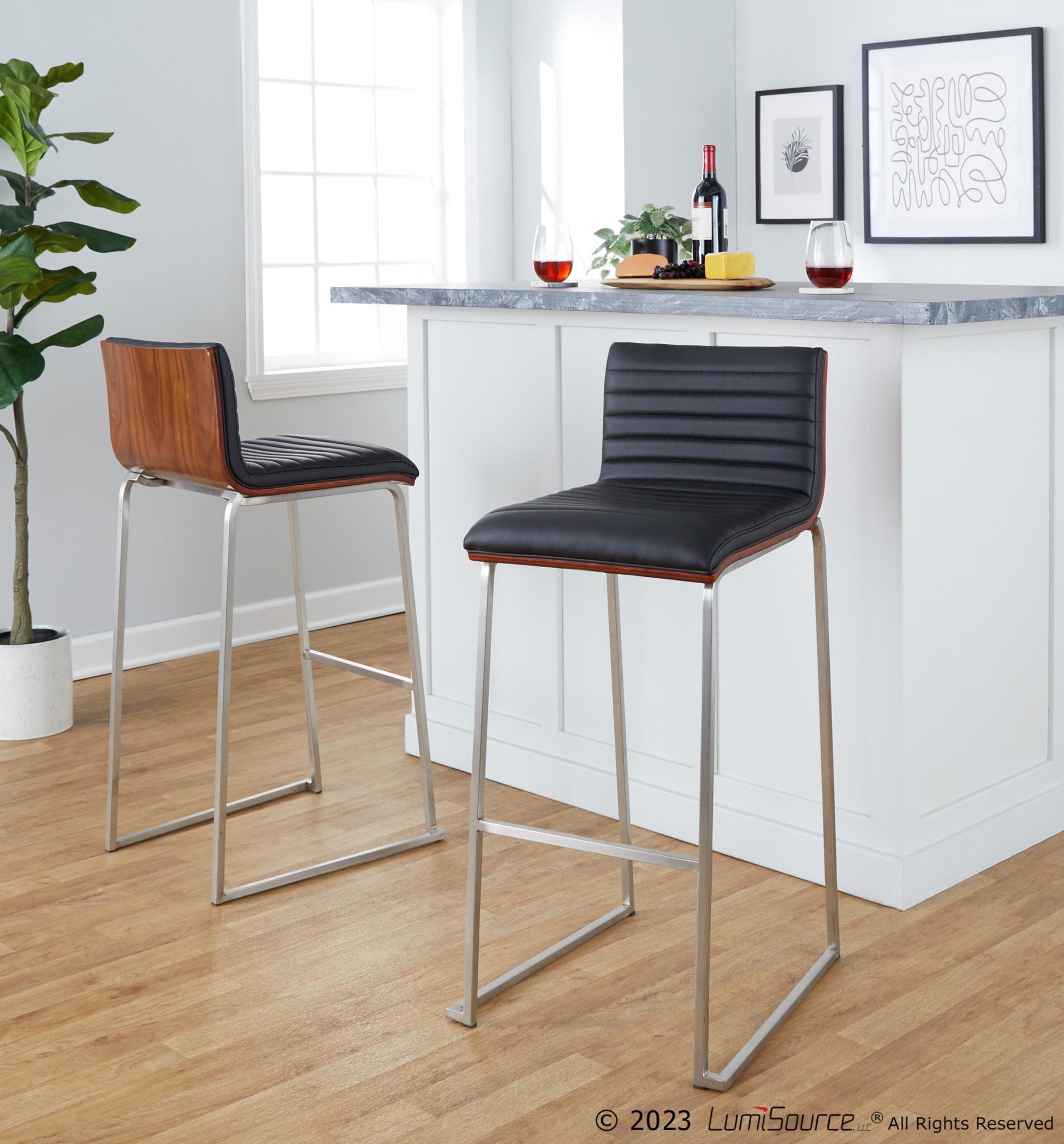 Mason Mara 30" Fixed-Height Barstool - Set of 2 - Stainless Steel, Walnut Wood, Black PU