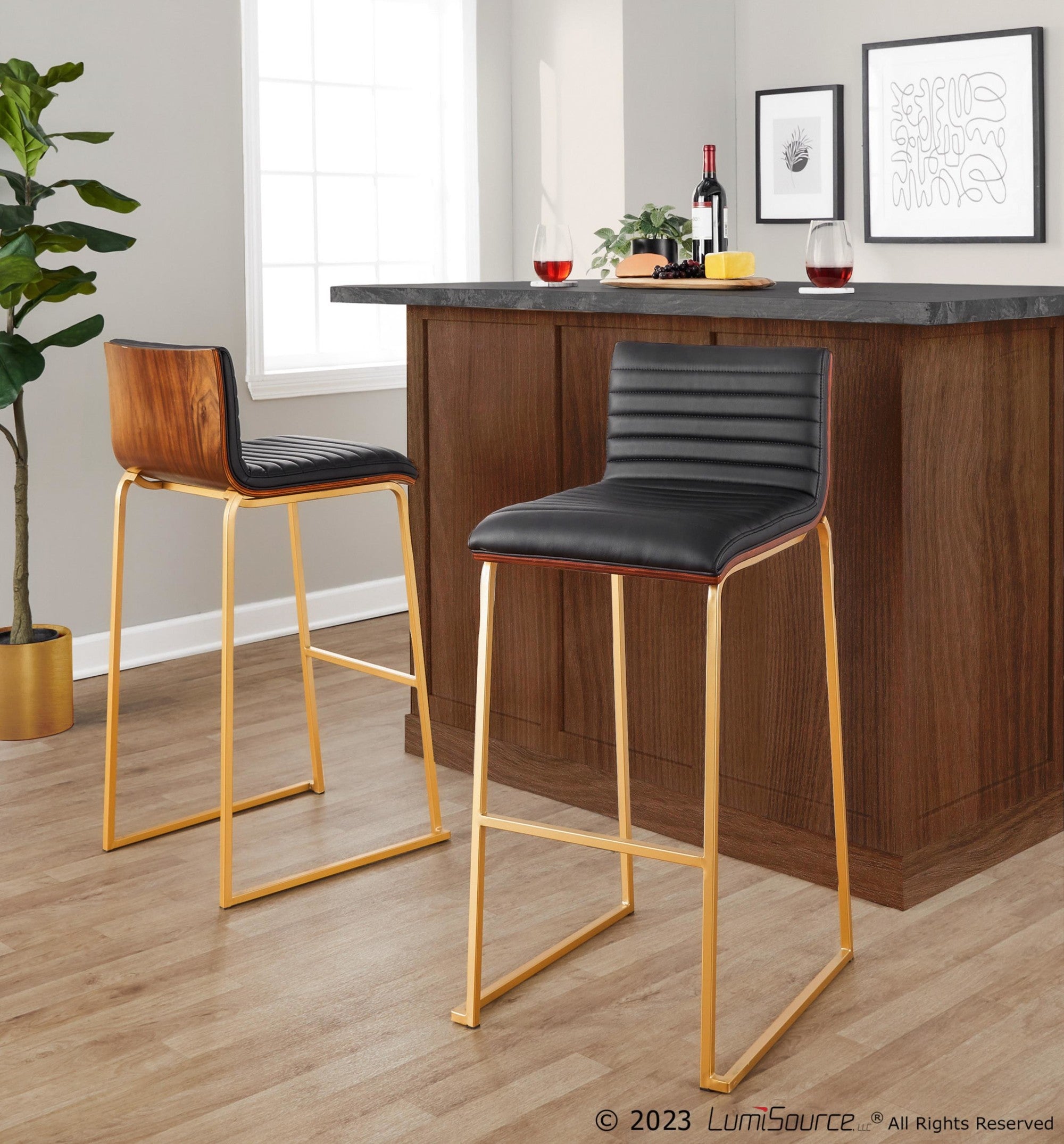 Mason Mara 30" Fixed-Height Barstool - Set of 2 - Gold Metal, Walnut Wood, Black PU