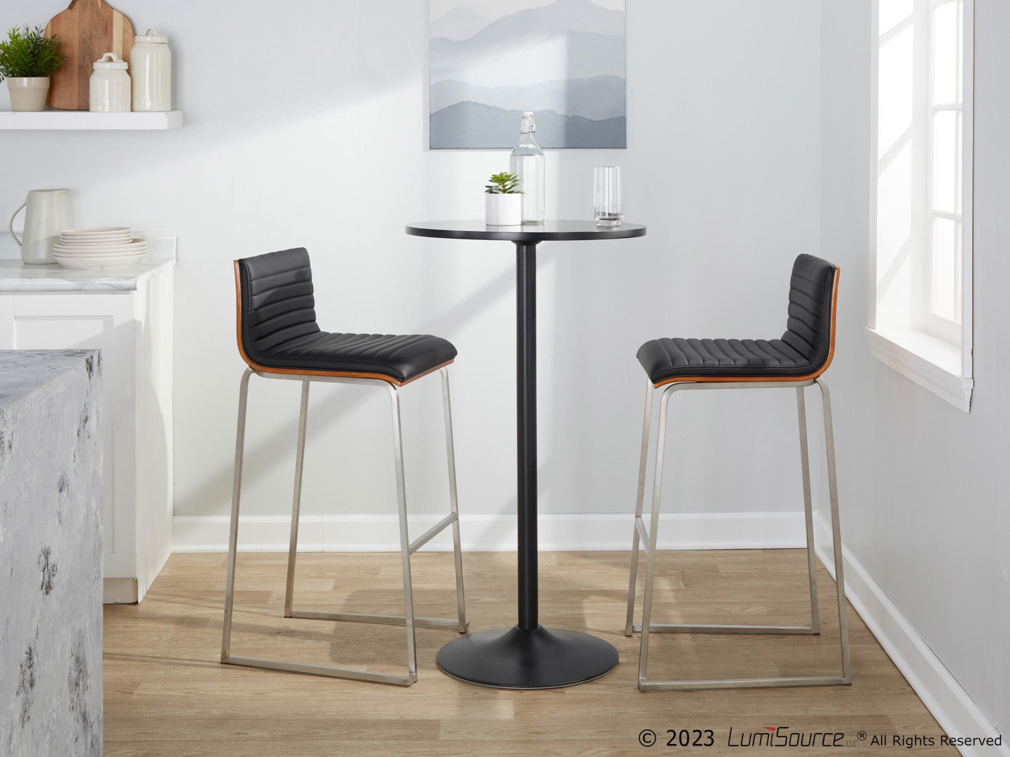 Mason Mara 30" Fixed-Height Barstool - Set of 2 - Stainless Steel, Walnut Wood, Black PU
