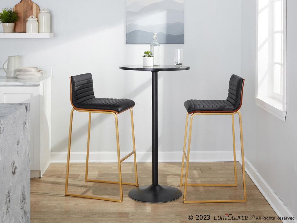 Mason Mara 30" Fixed-Height Barstool - Set of 2 - Gold Metal, Walnut Wood, Black PU
