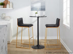 Mason Mara 30" Fixed-Height Barstool - Set of 2 - Gold Metal, Walnut Wood, Black PU