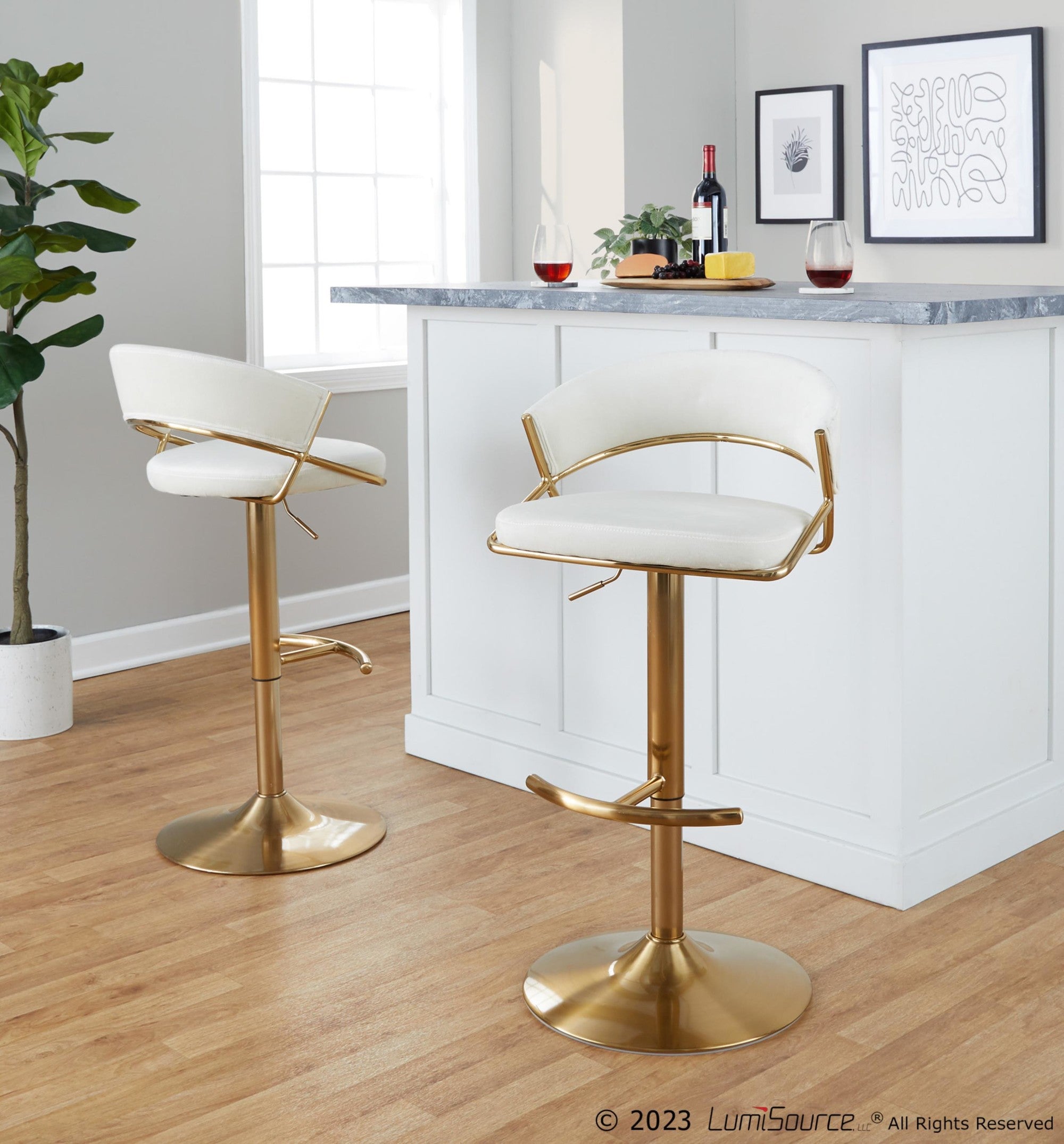 Jie Adjustable Barstool - Set of 2 - Gold Metal, Cream Velvet