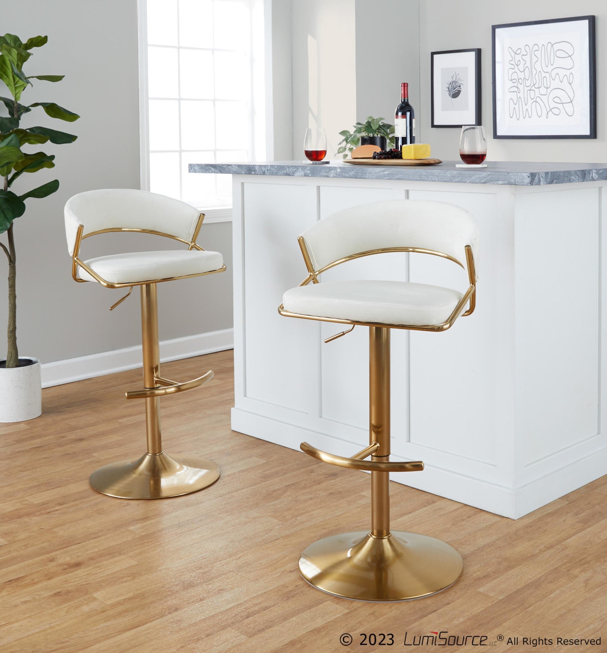 Jie Adjustable Barstool - Set of 2 - Gold Metal, Cream Velvet