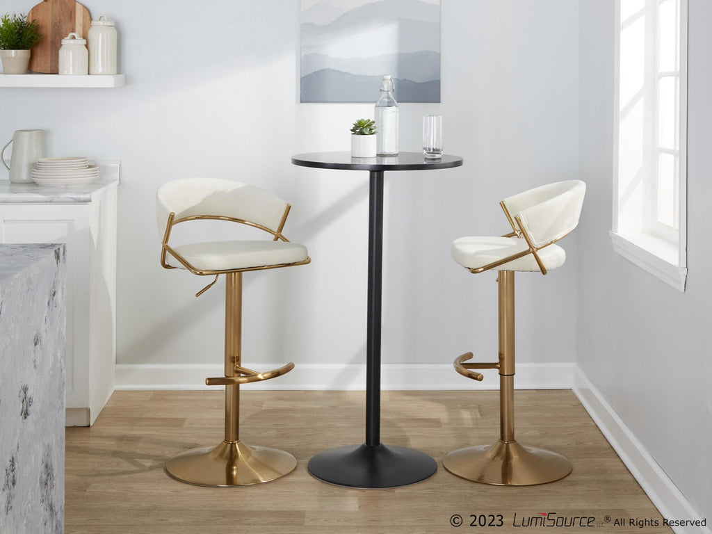 Jie Adjustable Barstool - Set of 2 - Gold Metal, Cream Velvet