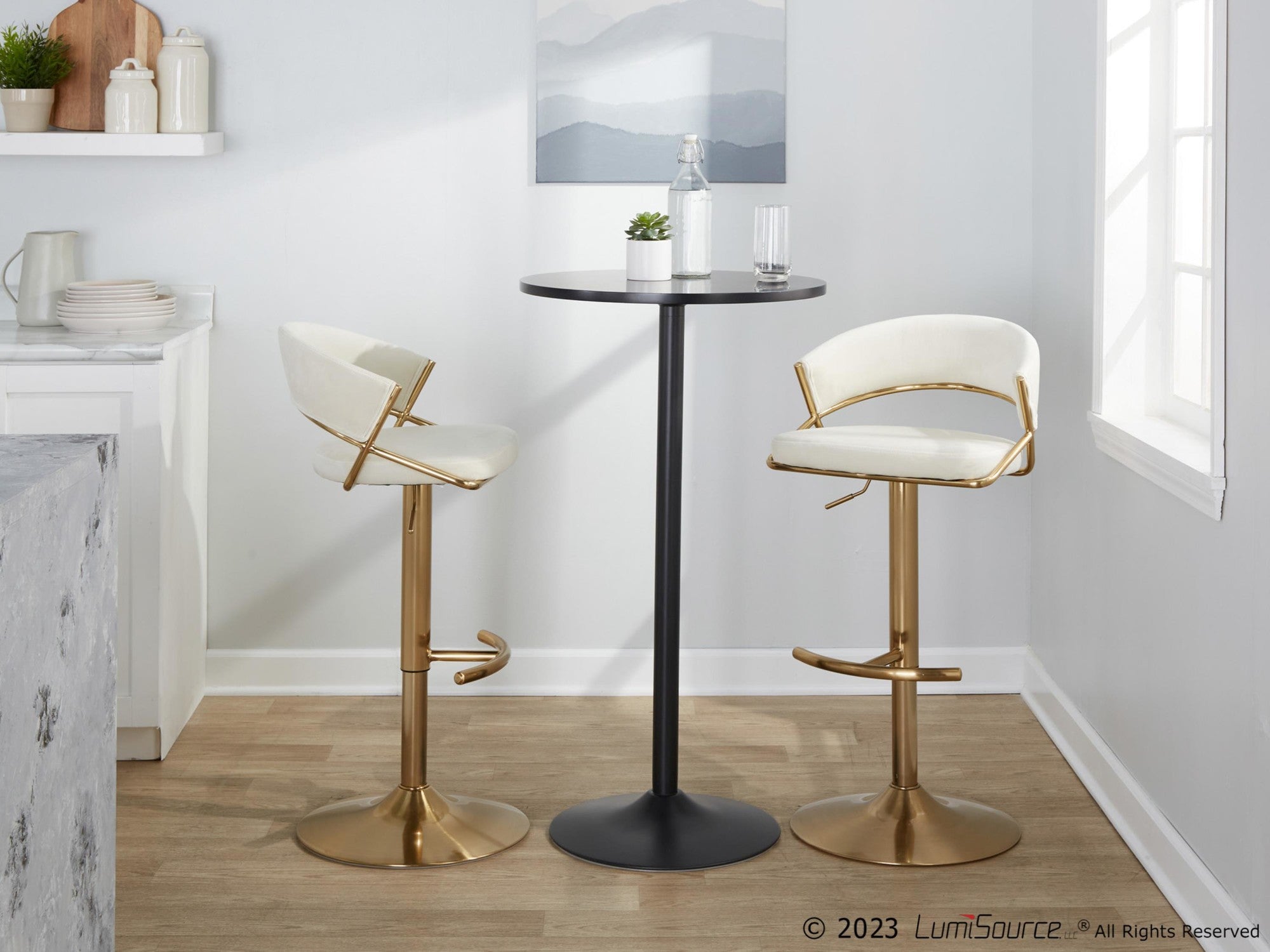 Jie Adjustable Barstool - Set of 2 - Gold Metal, Cream Velvet