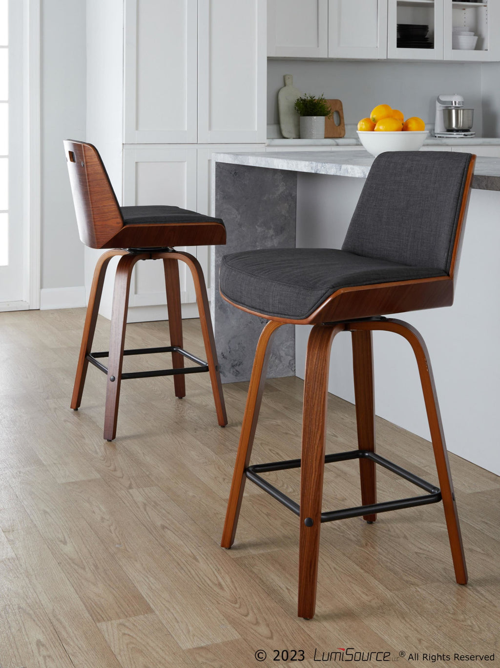 Corazza 24" Fixed-Height Counter Stool - Set of 2 - Walnut Wood, Charcoal Fabric, Black Metal
