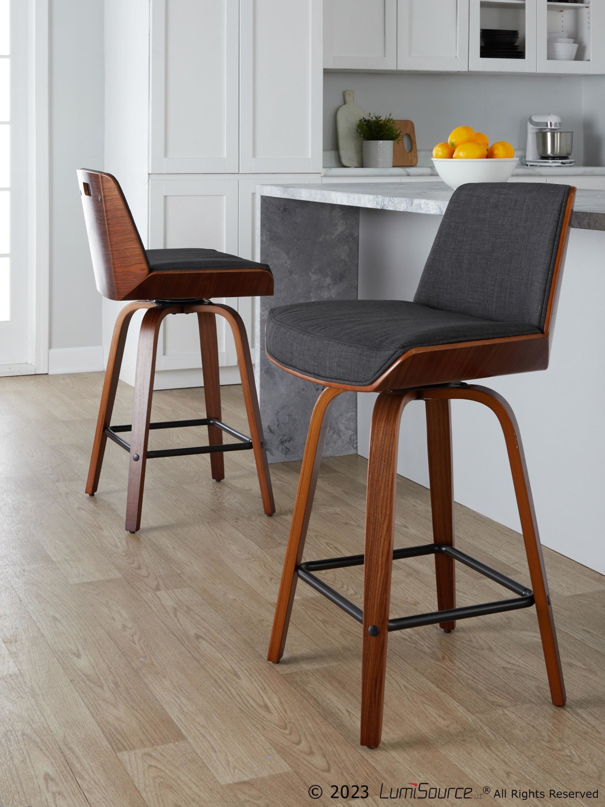 Corazza 24" Fixed-Height Counter Stool - Set of 2 - Walnut Wood, Charcoal Fabric, Black Metal