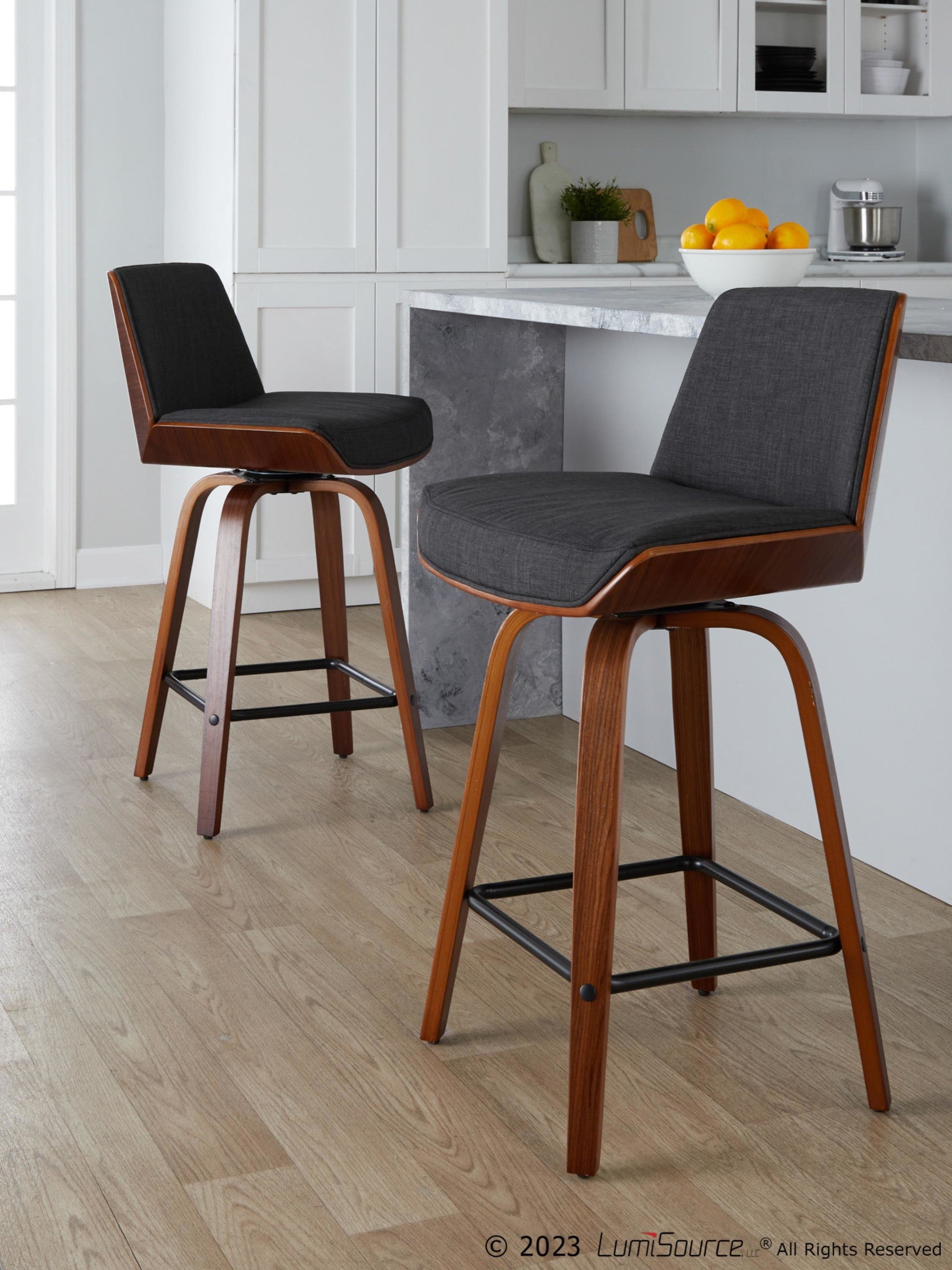Corazza 24" Fixed-Height Counter Stool - Set of 2 - Walnut Wood, Charcoal Fabric, Black Metal