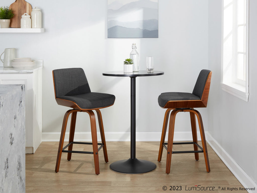 Corazza 24" Fixed-Height Counter Stool - Set of 2 - Walnut Wood, Charcoal Fabric, Black Metal