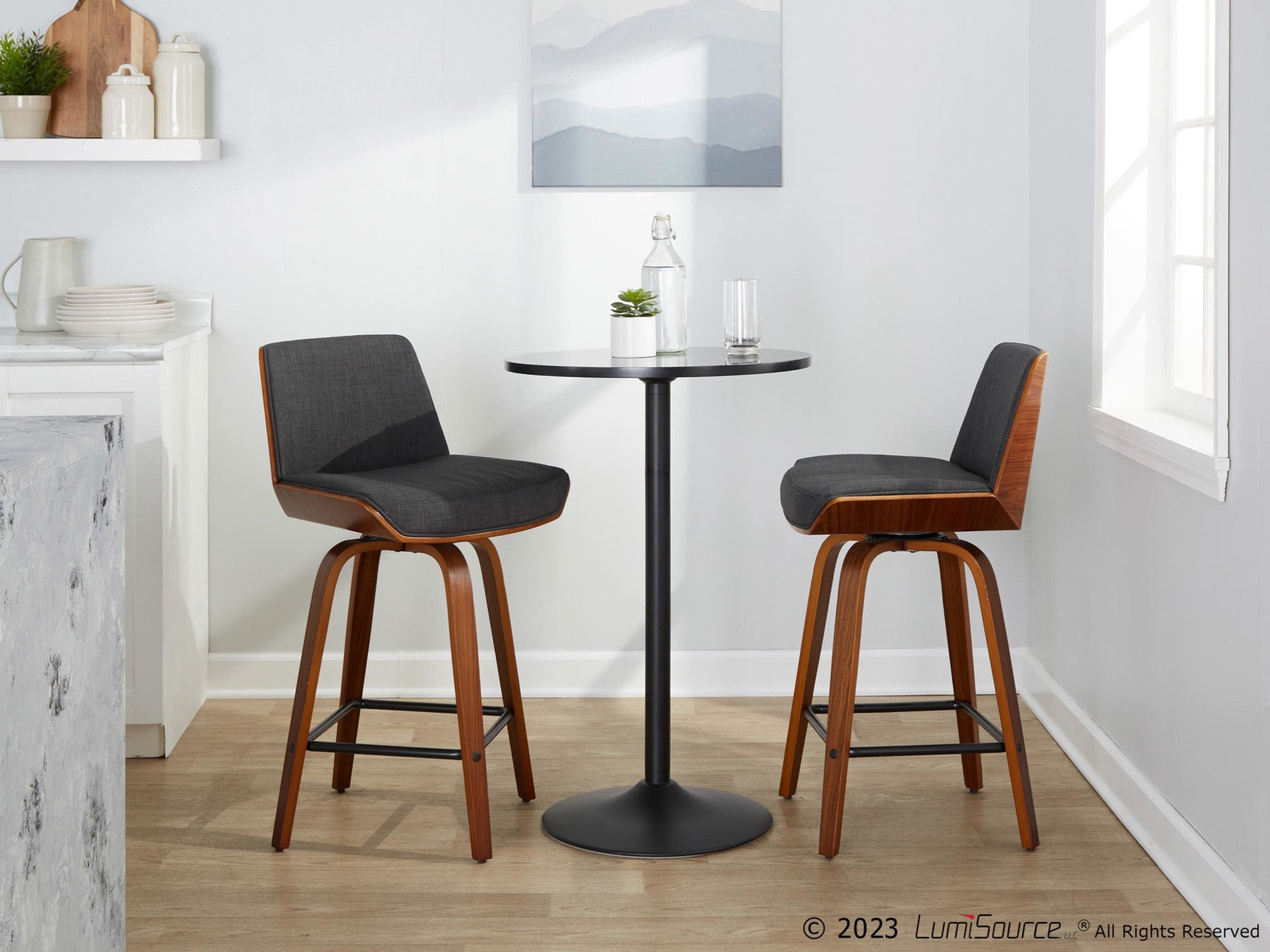 Corazza 24" Fixed-Height Counter Stool - Set of 2 - Walnut Wood, Charcoal Fabric, Black Metal