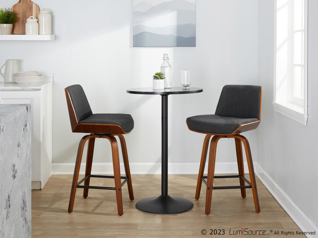 Corazza 24" Fixed-Height Counter Stool - Set of 2 - Walnut Wood, Charcoal Fabric, Black Metal