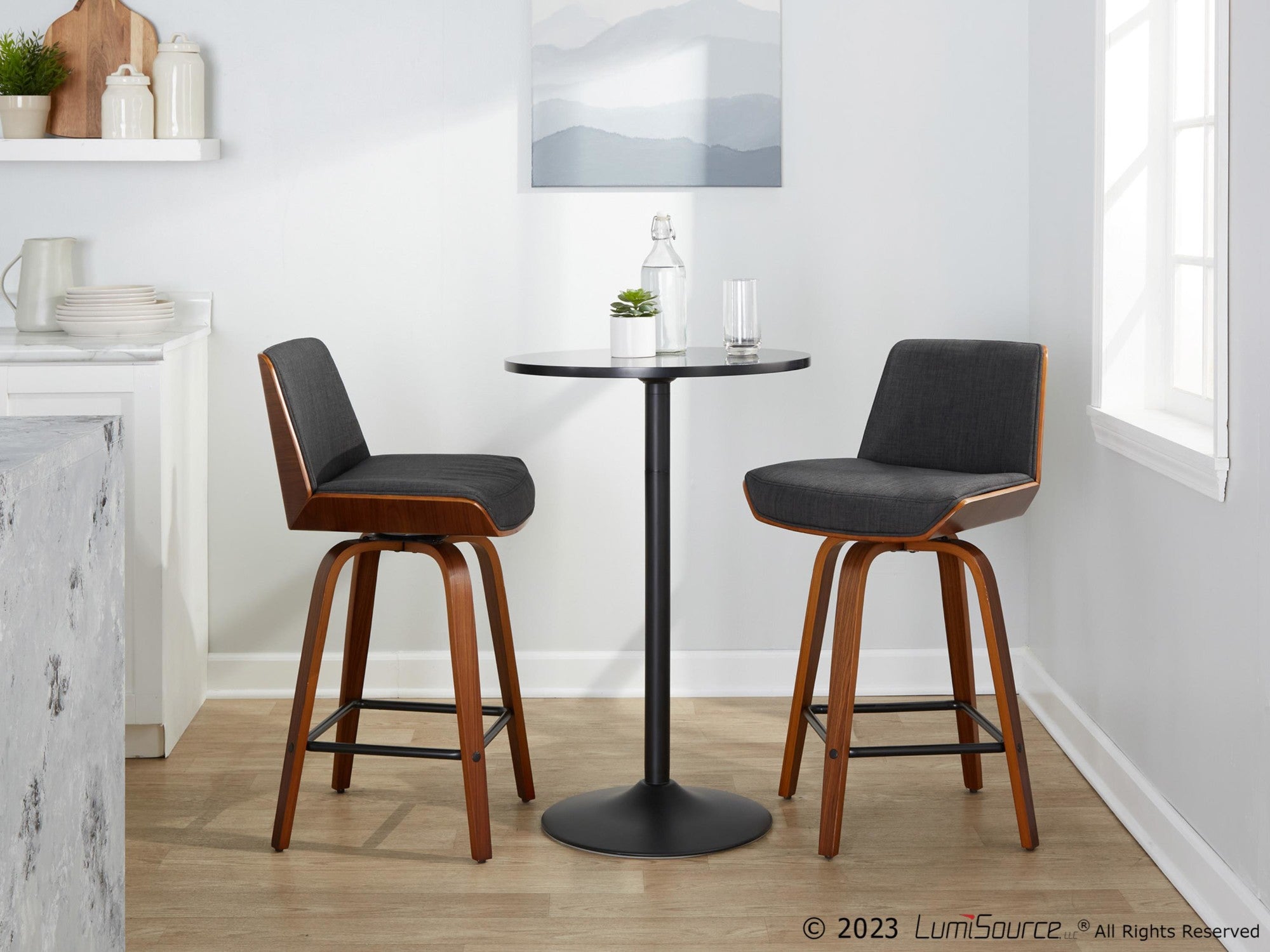 Corazza 24" Fixed-Height Counter Stool - Set of 2 - Walnut Wood, Charcoal Fabric, Black Metal