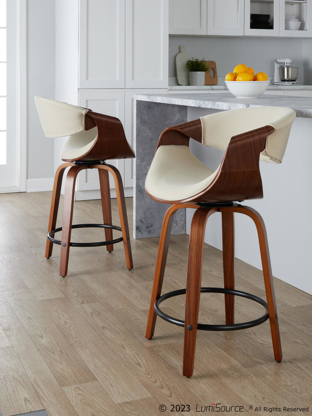 Curvini 24" Fixed-Height Counter Stool - Set of 2 - Walnut Wood, Cream Fabric, Black Metal
