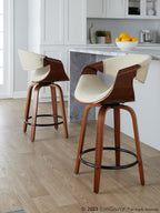 Curvini 24" Fixed-Height Counter Stool - Set of 2 - Walnut Wood, Cream Fabric, Black Metal