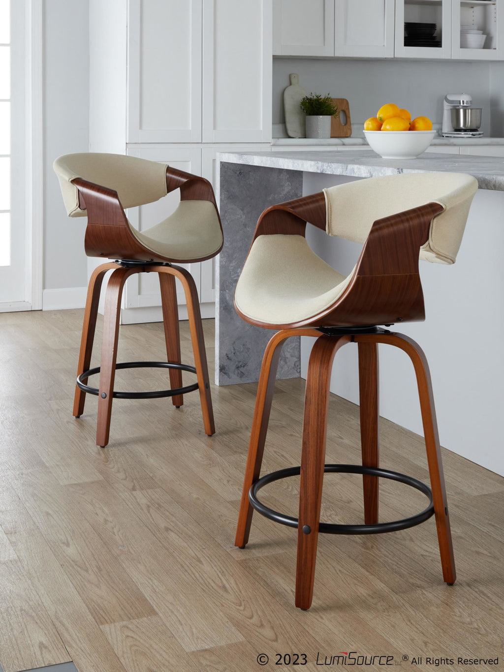 Curvini 24" Fixed-Height Counter Stool - Set of 2 - Walnut Wood, Cream Fabric, Black Metal