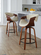 Curvini 24" Fixed-Height Counter Stool - Set of 2 - Walnut Wood, Cream Fabric, Black Metal