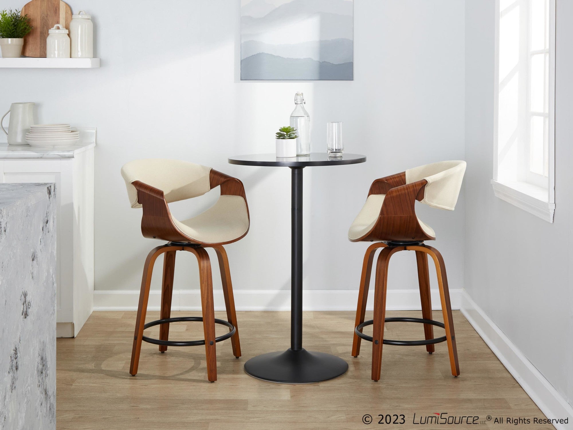 Curvini 24" Fixed-Height Counter Stool - Set of 2 - Walnut Wood, Cream Fabric, Black Metal