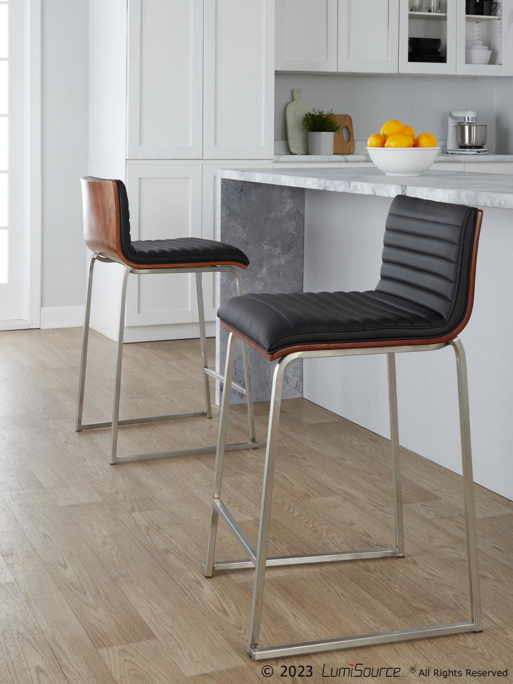 Mason Mara 26" Fixed-Height Counter Stool - Set of 2 - Brushed Stainless Steel, Walnut Wood, Black PU