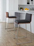 Mason Mara 26" Fixed-Height Counter Stool - Set of 2 - Brushed Stainless Steel, Walnut Wood, Black PU
