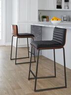Mason Mara 26" Fixed-Height Counter Stool - Set of 2 - Black Metal, Walnut Wood, Black PU