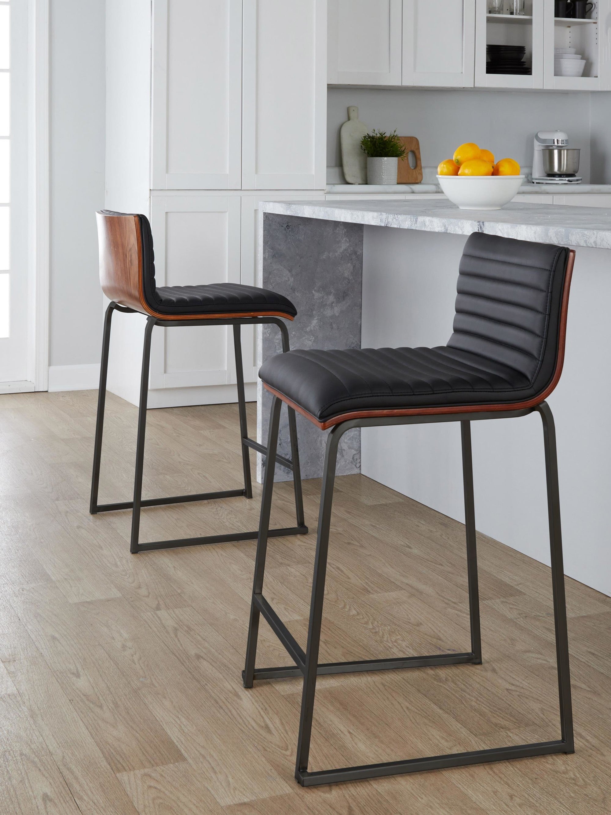 Mason Mara 26" Fixed-Height Counter Stool - Set of 2 - Black Metal, Walnut Wood, Black PU