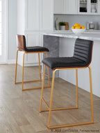 Mason Mara 26" Fixed-Height Counter Stool - Set of 2 - Gold Metal, Walnut Wood, Black PU