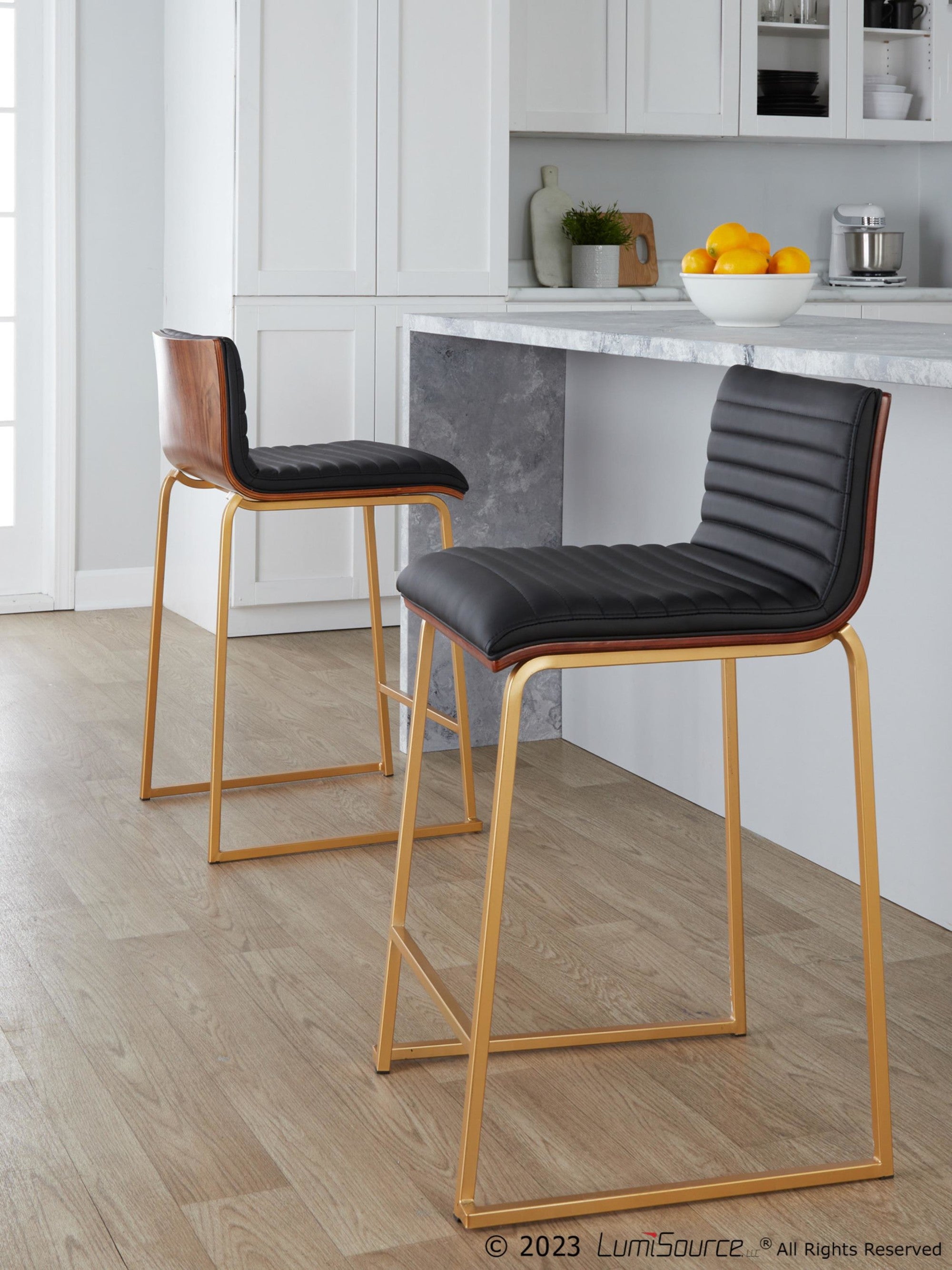 Mason Mara 26" Fixed-Height Counter Stool - Set of 2 - Gold Metal, Walnut Wood, Black PU