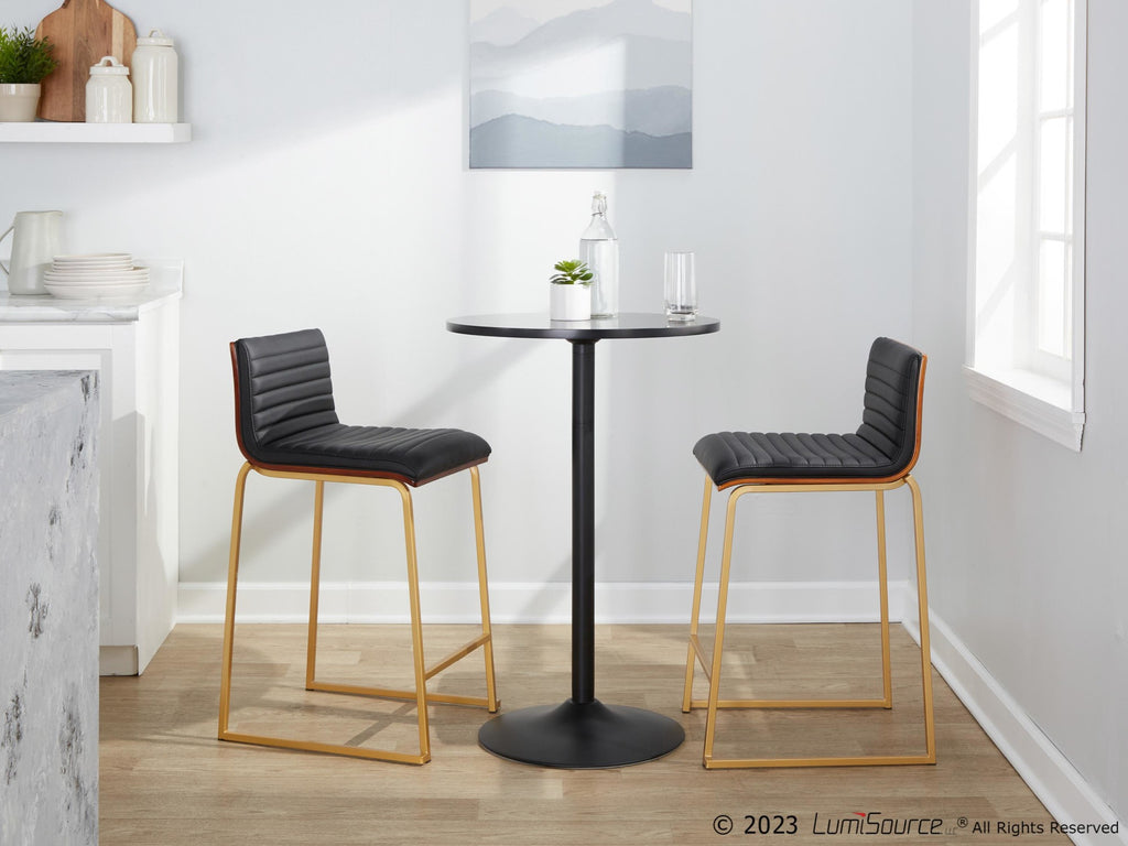 Mason Mara 26" Fixed-Height Counter Stool - Set of 2 - Gold Metal, Walnut Wood, Black PU