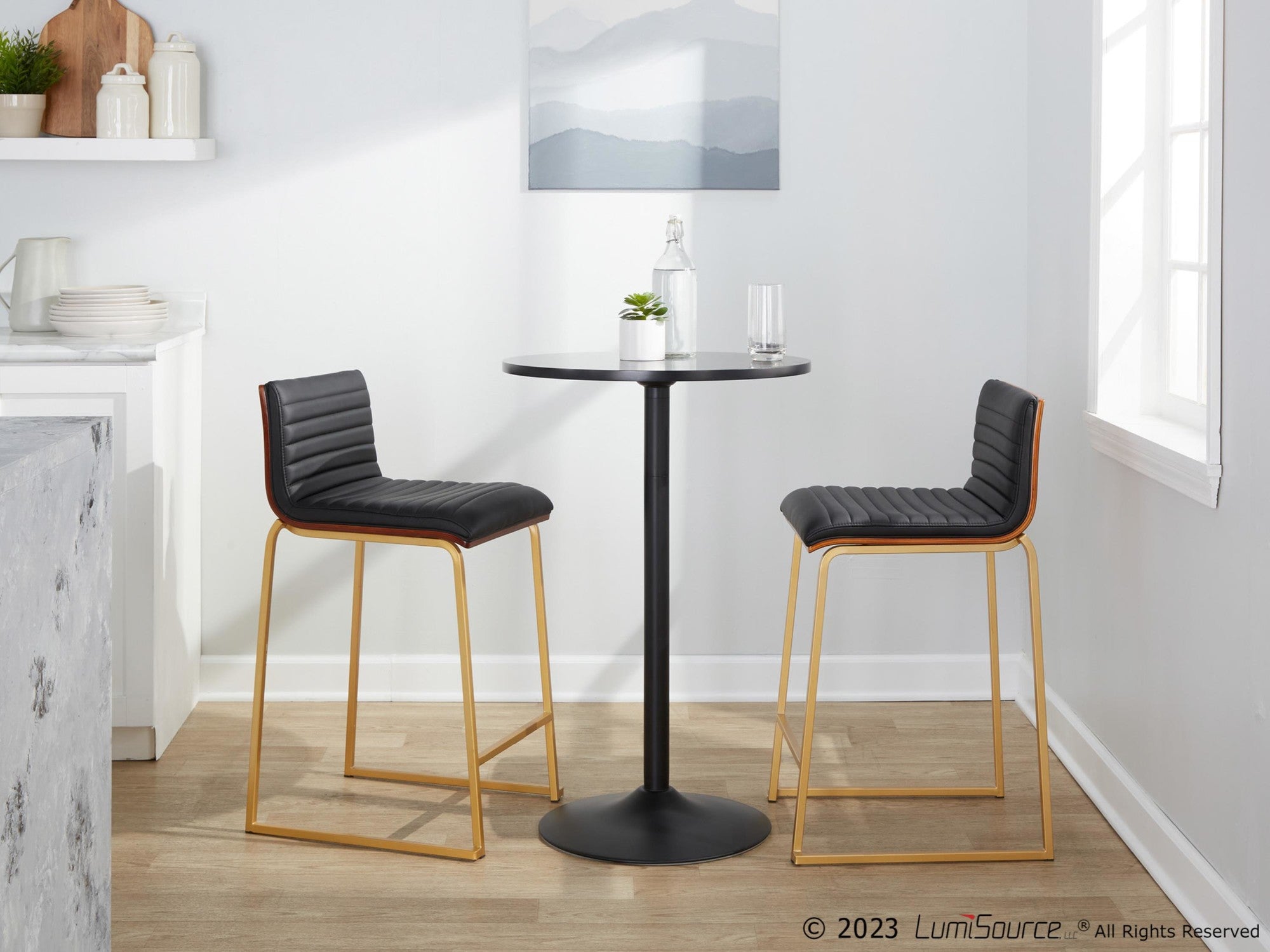 Mason Mara 26" Fixed-Height Counter Stool - Set of 2 - Gold Metal, Walnut Wood, Black PU
